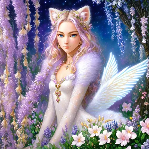 Prompt: a bejewelled felinoid fursona with soft downy facial fur who looks like Gwen Stacy, blue, lavender, mauve, cream, brown eyes, white and cream striped fine, whispy body fur, calico-Influence, white luminescent biomorphic glistening wings, in the style of Donato Giancola, Amanda Sage, in flower garden, darkness, glowing magical flowers, moonlight, low volumetric glowing fog, background theme glowing stars, epic, painted, fantasy, beautiful rich deep colors, in the style of Android Jones, Jean Tinguely, dynamic lighting volumetric lighting , occlusion, 128K UHD Unreal Engine 5