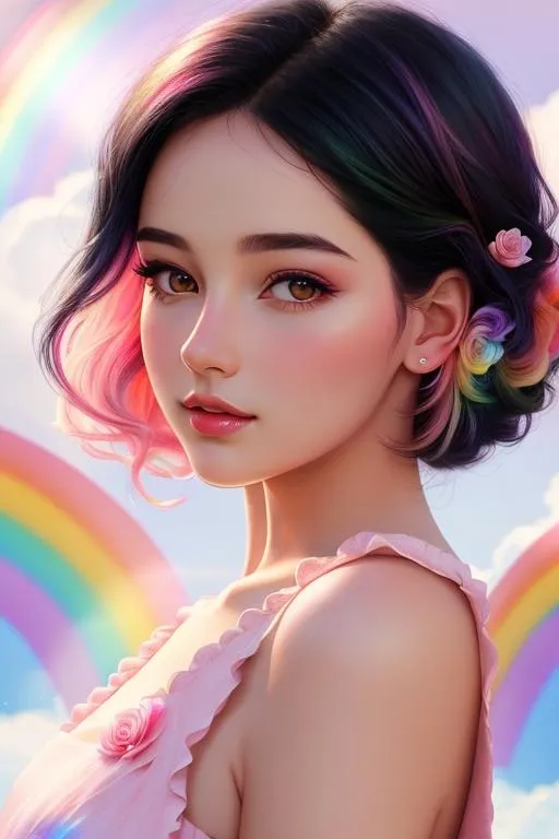 Prompt: soft female, perfect face, beautiful girl, rainbow background, black hair with rainbow highlights, pink clothes, soft lighting, hopeful, british, Illustration, Concept art, Digital, Perfectly drawn, background with rainbows and roses,