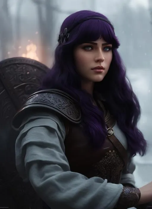 Prompt: she has dark purple hair, create most beautiful fictional female viking princess warrior, dark purple hair, light blue eyes, extremely detailed environment, detailed background, intricate, detailed skin, professionally color graded, photorealism, 8k, moody lighting