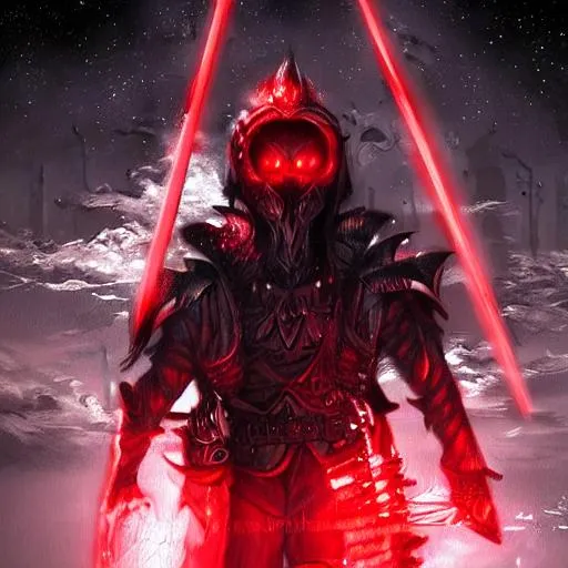 Prompt: red glowing spear, red glowing eye, black jacket, fantasy, photorealistic