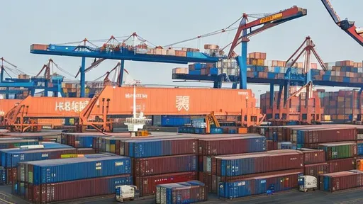 Prompt: Large Chinese transshipment terminal, photo realism, workers supervise loading, morning