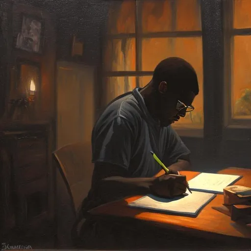 Prompt: Painting of black man writing in his dimly lit room all night.