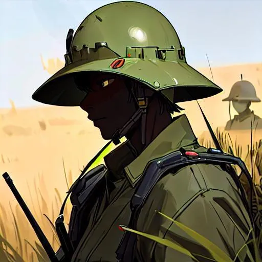 Prompt: African male soldier He wears a full helmet. He helds a rifle. In background a car in the Savannah. Scifi soldiers. Technofantasy. RPG art. Fading suns art. Scifi art. japanese soldier. Belgian WWI helmet. 2d. 2d art. Well draw face. Detailed. 