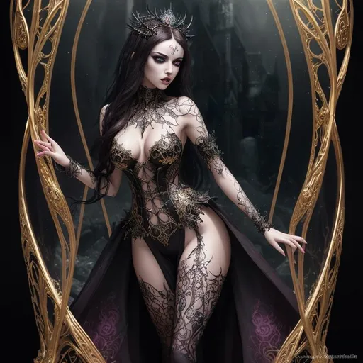 Prompt: Create Splashart, a fantasy style ultra Intricate, ultra realistic intricately detailed image of a gothic princess floating in a glass bubble with golden elements built inside of it.

focused on a full body, stunningly beautiful, exoticly gorgeous, perfect young slender body, dark hair, gothic princess, intricately detailed goth makeup and skin, proportionate cleavage, long pink finger nails, wearing a large iron slave collar, silk Sorceress uniform, casting magic fire to see,

Professional Photo Realistic Image, RAW, artstation, splash style dark fractal paint, contour, hyper detailed, intricately detailed, unreal engine, fantastical, intricate detail, steam screen, complementary colors, fantasy concept art, 8k resolution, deviantart masterpiece, splash arts, ultra details Ultra realistic, hi res, UHD, 64k, 2D art rendering, depth of field 4.0, APSC, ISO 900,