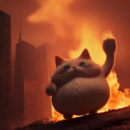 Prompt: Fat cat burning down the world trade center with a can of gasoline