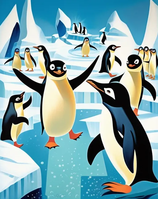 Prompt: A playful scene of animated penguins from Happy Feet dancing on an iceberg, radiating joy, whimsical mood, by Mary Blair 