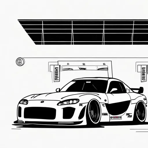 Prompt: Cell-shaded anime style drawing of Widebody kit FD rx-7 in an aggressive angle parked at a 7/11 gas station at midnight 