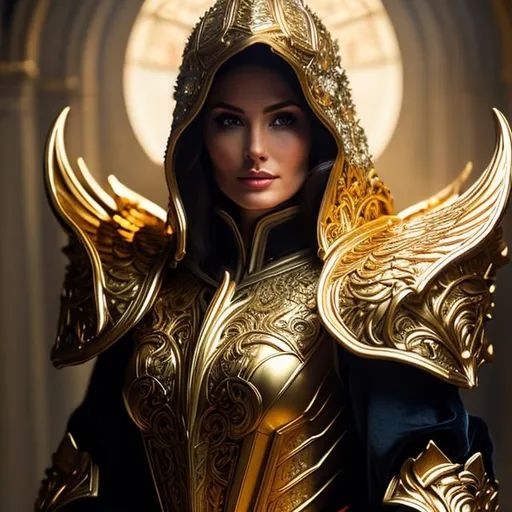 Prompt: Oil painting, Chiaroscuro, landscape, UHD, 8K, highly detailed, panned out view of the character, (((((visible full body))))), a hyperdetailed female archangel Tyrael from Diablo Game,  ((beautiful face)), ((hyperdetailed white hood and robe)), masterpiece, entire hyperdetailed body, She wears a full golden armor with gold and silver filigree with gold trim, ((((many symmetrical ethereal tendrils instead of wings made of pure light))))