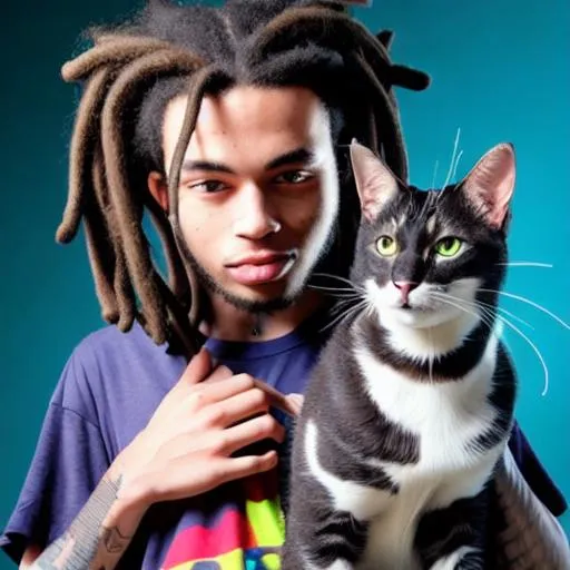 Prompt: young man with dreads and his cat, cyberpunk