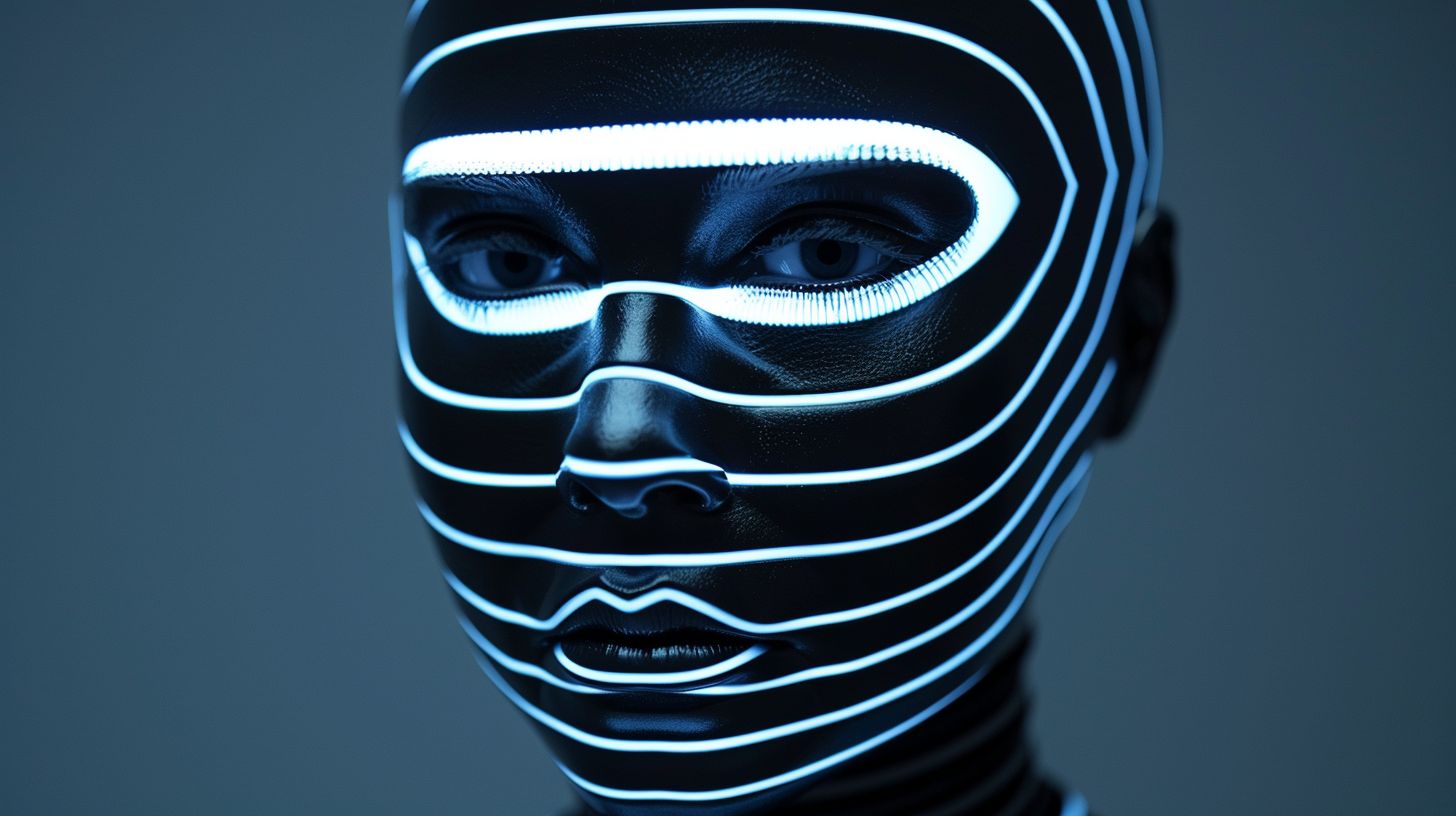 Prompt: A face in the dark, reimagined with a high-tech futuristic twist inspired by Apollos Tzavahniki. The stop-motion animation style is transformed with vibrant horizontal stripes, a light silver and dark navy color scheme, and intense chrome reflections. Mind-bending patterns blend seamlessly with the futuristic robots, creating an otherworldly atmosphere