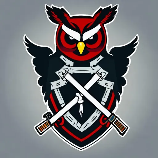 Prompt: Create a club crest with an owl with two swords crossed behind it 