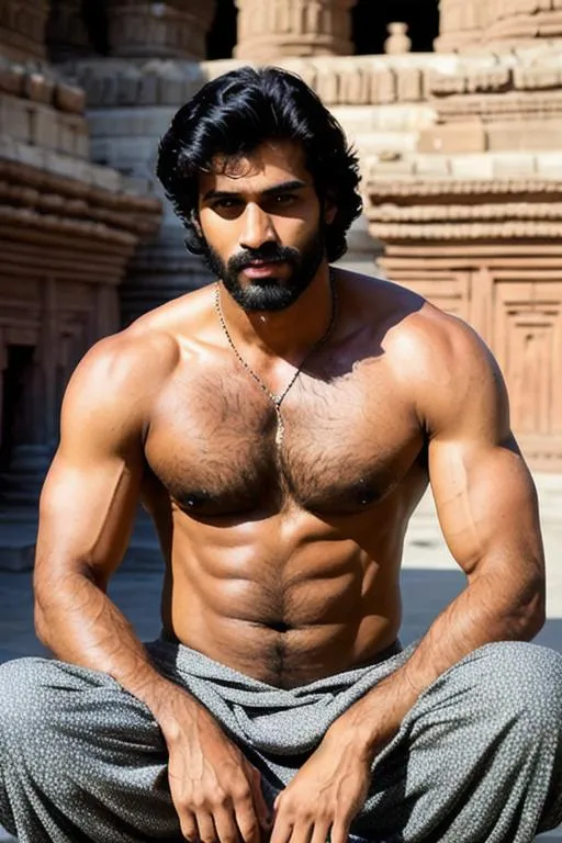 Prompt: portrait of rugged hyperreal tall "dreamy fit" man lean "ripped muscular" "hypermasculine" brahmin charming "delhi hunk", closed eyes, sitting meditating, dhoti, with black hair and with rugged face, very hairy chest and armpits,in the middle of a "mammoth temple, detailed, hyperreal, huge, blissful", People in the crowd are hypnotised at the man, arena, perfect composition, hyperrealistic, super detailed, 8k, high quality, trending art, trending on artstation, sharp focus, studio photo, intricate details, highly detailed, by greg rutkowski
