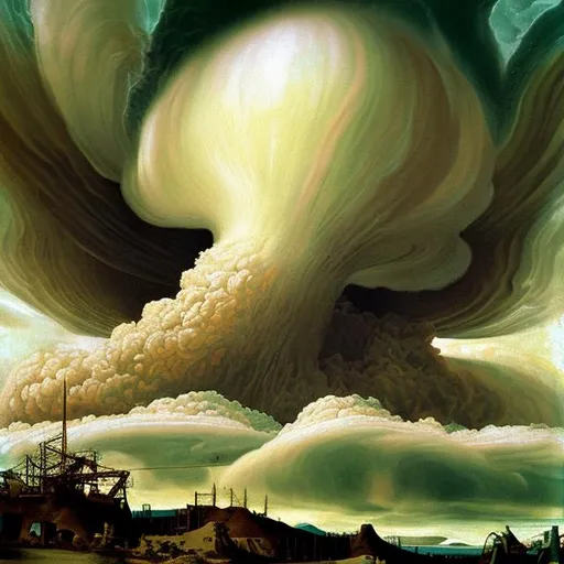 Prompt: Harrowing Painting  of the Alberta/Trinity atomic test  in the style of a renaissance painting with muted colours with giant tidal wave. 