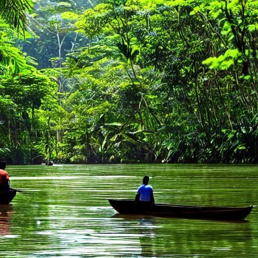 Prompt: Amazon forest with river some beautiful birds, animals, rears tree and a man on boat or a good place sun