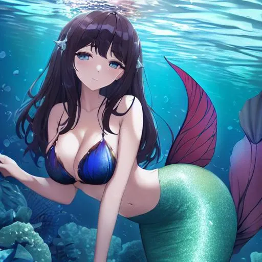 Prompt: beautiful darkhaired mermaid poses underwater, looking sensually at camera, the scales on her tail shine in the light, art in colour