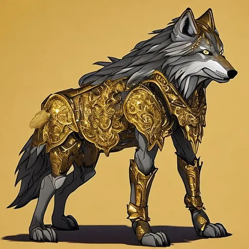Prompt: A wolf standing on two legs in golden armor.