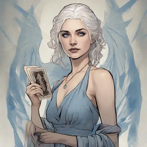 Prompt: Game of Thrones Female with shoulder-length white hair, No necklace, Lucious thicker lips, Intimidating blue eyes staring at her holding playcards, Member of House Arryn, wearing a translucent dress, dirty hair