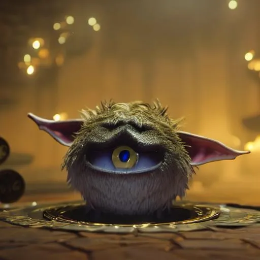 Prompt: 3d fluffy goblin, cute big circular reflective eyes, gold coins, intricate detail, cinematic, Pixar render, unreal engine cinematic smooth