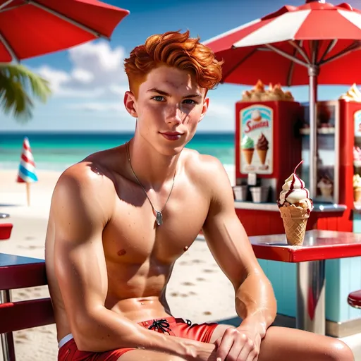 Prompt: Hot, slim, 19 year old guy with a slender physique sitting in a beach side ice cream shop and having an ice cream sundae. He has on red swim trunks, and no shirt, he has short red hair buzzed shorter on the sides and back, he has some cute freckles on his cheeks. Full body portrait. Realistic Lighting. Photo Realistic. Slender body.