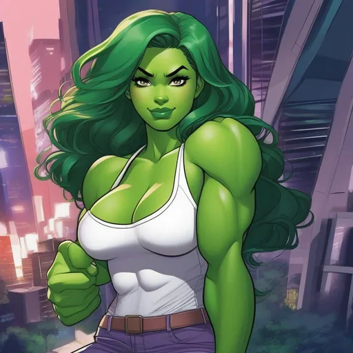 Prompt: A cute anime girl in the style of Marvel Comics fanart, depicting She-Hulk.