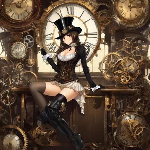 Prompt: anime art, pretty young Indonesian woman, 25 year old, (round face, high cheekbones, almond-shaped brown eyes, small delicate nose), steampunk outfit, black bustier corset, thighs uncovered, top hat, steampunk, background clockwork machines, Japanese manga, Pixiv, Fantia