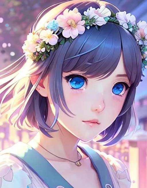 Prompt:  flower sleeve top, girl wearing flower crown,smooth and soft skin, big dreamy eyes, light blue eyes, beautiful intricate, symmetrical colored hair, wide anime eyes, soft lighting, detailed face, by makoto shinkai, stanley artgerm lau, wlop, rossdraws, concept art, digital painting, looking at camera, 50mm, f1.2