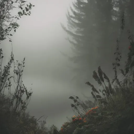 Prompt: dark floral misty nature scene