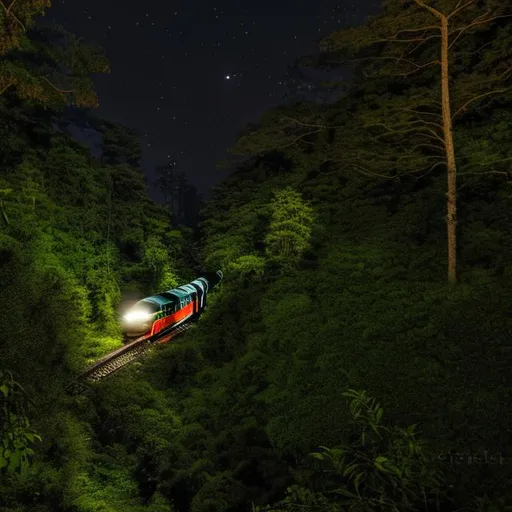 Prompt: a train passing through a dense forest on a moonlit night 