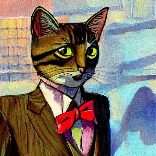 A painting of cute cat wearing a suit, natural light... | OpenArt