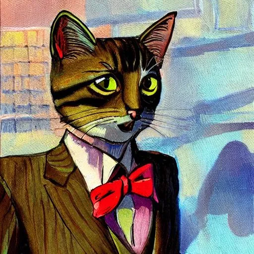 Prompt: A painting of cute cat wearing a suit, natural light, with bright colors, by Studio Ghibli