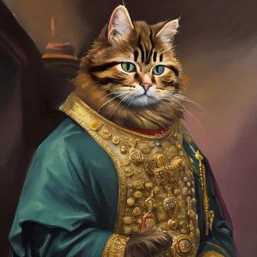 Prompt: An oil painting of a cat dressed as a king