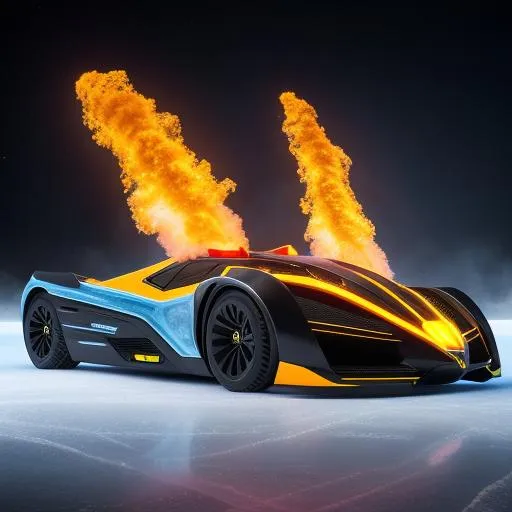 Prompt: Futuristic hyper Batmobile fire on ice cosmic speed burning flames