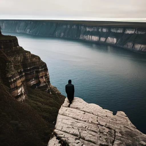 Prompt: lonely sad man at the edge of a cliff