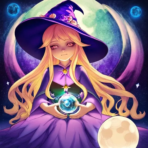 witch with long blonde hair, using crystal ball, wea... | OpenArt