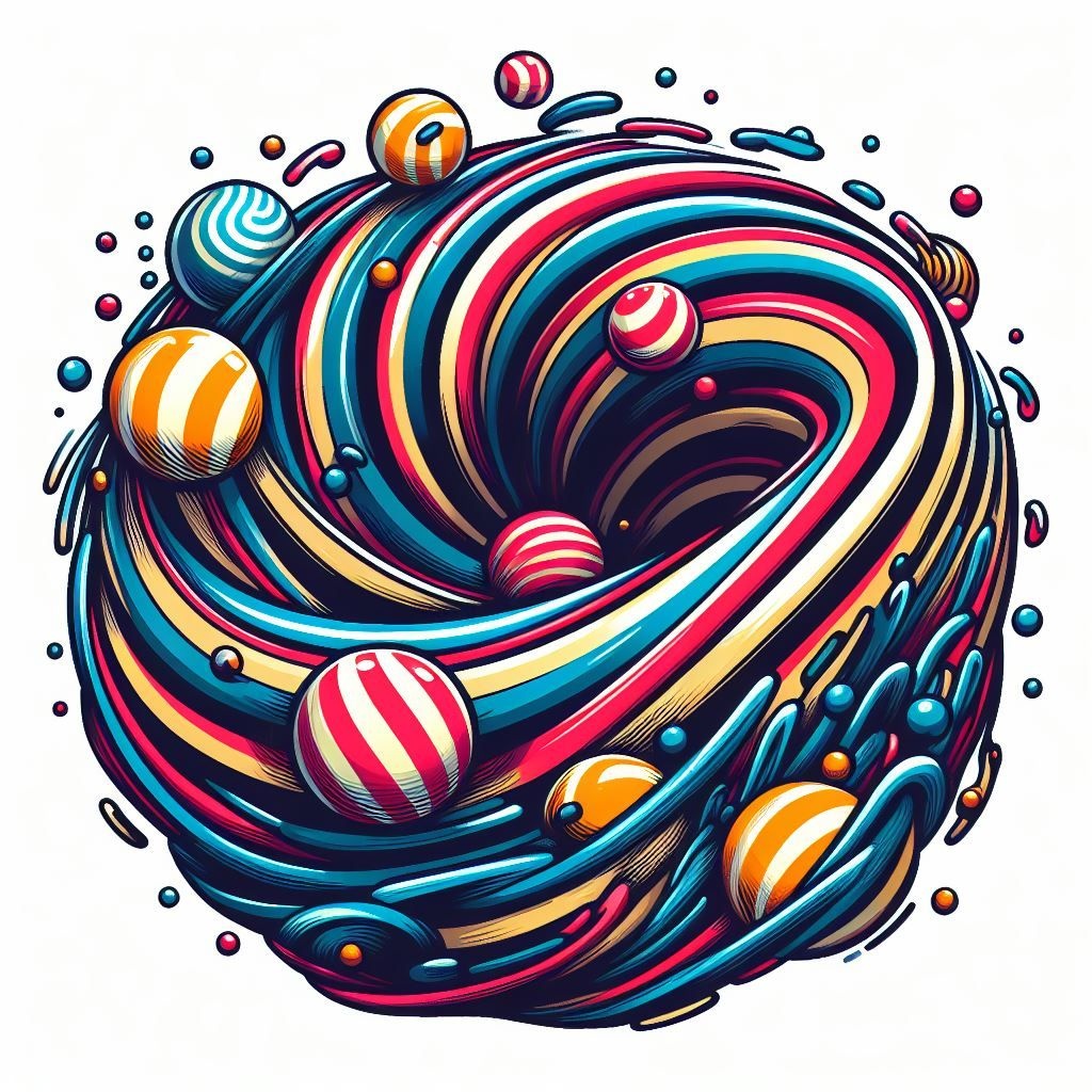 Prompt: striped color vector balls getting sucked down in the swirling vector whirlpool