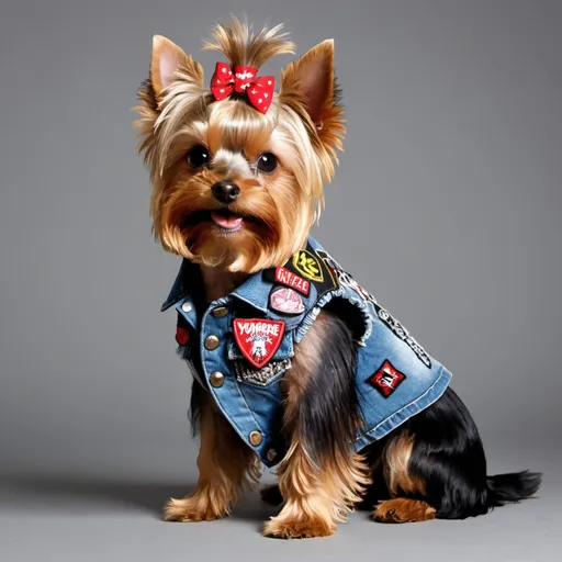 Prompt: Yorkshire Terrier wearing a heavy metal music denim vest with patches