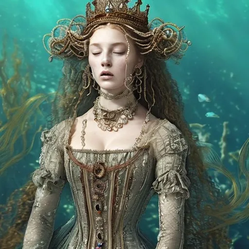 Prompt: woman in 16th century dress underwater sleeping.  hair, elaborate hair, fabric, lace, bubbles. crown, jewels, queen.