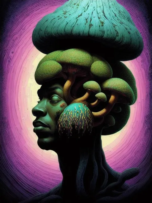 Prompt: Headshot picture of black person with head full of mushrooms druidlike lisegic detailed surreal dreamy epic psychdelic biomorphic intrincate background by kilian eng and roger dean and salvador dali and beksinski, 8 k