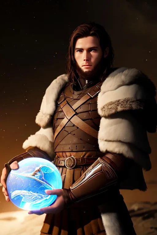 Prompt: Digital Art, 26-year-old viking man, short brown hair, white gear, yellow eagle armor, eagle feathers, holding a spherical artifact, unreal engine 8k octane, 3d lighting