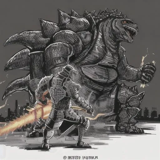 godzilla wearing full plate armour wielding a hammer...