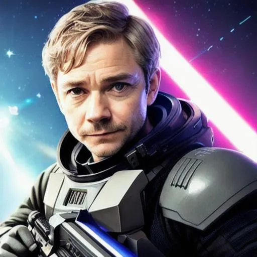 Prompt: Martin Freeman as a sci-fi space soldier, with a moustache, holding a laser gun