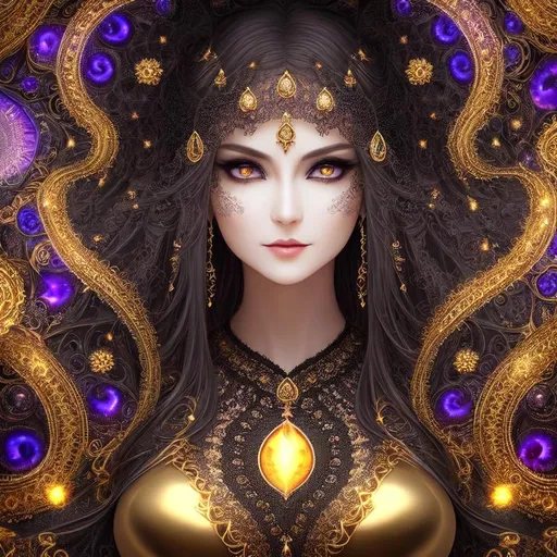 Prompt: A hyper detailed julia sets mandelbrot and (z² + c + (z² + c)) / (3z³ + c) formula in fractal loop mathematics inside full body fractal detailed impossible beautiful mature  esoteric scary woman of darkness, detailed beautiful face, detailed beautiful eyes, golden silk, wearing vaporous diamantine night transparent lacy dress, discrete make up, glowing up, large curly duoble rainbow color julia sets fractal long balayage hair
