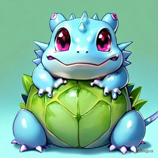 Prompt: HD, High Quality, 5K, Anime, Bulbasaur, small blue-green quadrupedal amphibian, green plant bulb on back,  blue skin with darker patches, It has red eyes with white pupils, pointed, ear-like structures on top of its head, and a short, blunt snout with a wide mouth, A pair of small, pointed teeth are visible in the upper jaw when its mouth is open, Each of its thick legs ends with three sharp claws, On Bulbasaur's back is a bright green circular plant bulb that conceals two slender, tentacle-like vines, which is grown from a seed planted there at birth, The bulb also provides it with energy through photosynthesis as well as from the nutrient-rich seeds contained within, forest, Pokémon by Frank Frazetta