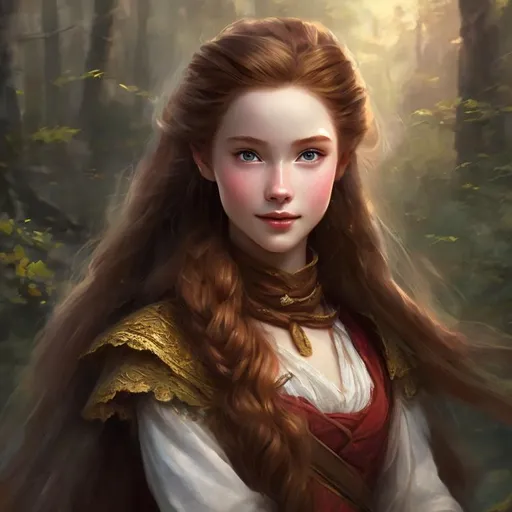 Prompt: Head portrait of a young ranger dressed modestly, beautiful and long, light red hair. She is wearing a dress, and looks dreamy. Epic painting
