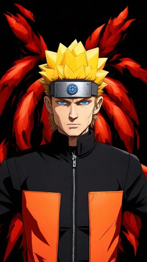 Prompt: Ultra realistic of a European man, blue eyes, blond spiky hair, wears a black uniform jacket with an orange zipper and buttons on the waist and sleeves, which can be folded up at times. He has a red armband with an Uzumaki crest on his left arm, wears a net black tshirt below the jacket and wears a blue forehead protector with a silver leaf village logo. Full shot, Atmospheric lighting, By Makoto Shinkai, Stanley Artgerm Lau, WLOP, Rossdraws, James Jean, Andrei Riabovitchev, Marc Simonetti, krenz cushart, Sakimichan, D&D trending on ArtStation, digital