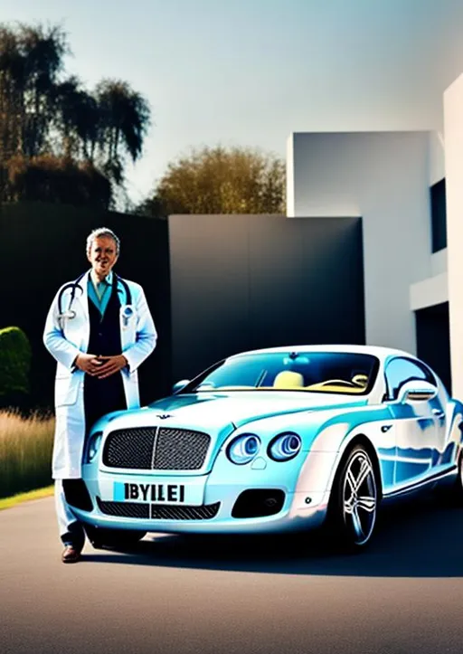 Prompt: A photo of a doctor next to a Bentley car