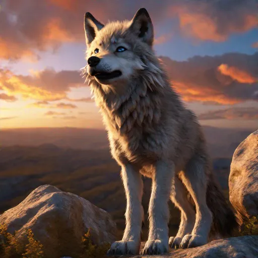 Prompt: wolf pup howling at a rocky den, cliffside, sunrise, UHD, full body focus, professional, vibrant, wild billowing fur, big 8k {blue eyes}, vivid colors, rich colors, majestic colors, majestic golden sky, realistic fur, highly detailed, intricate detail, Yuino Chiri, unreal engine, artstation