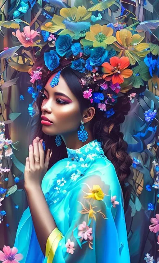 Prompt: a beautiful woman wearing a translucent blue robe with colorful flowers in her hair