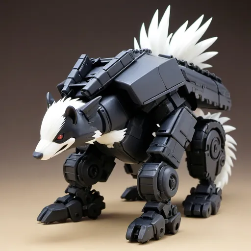 Prompt: A Kotobukiya Zoids model of a heavily armored skunk with a turret for a tail, made entirely of plastic, in the style of Kotobukiya Zoids.