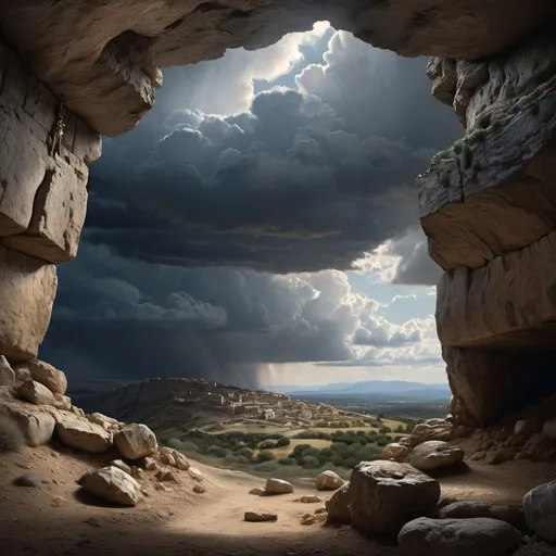 Prompt: Hyper realist, photorealistic, Sharp details, Very detailed, cave mouth view, in the brow of, Golgotha, Close View, 30 C.E. Crucifixion scene of THREE men, gathering storm clouds, historical, intense realism, dramatic lighting, highres, detailed landscape, realistic textures, realistic atmosphere